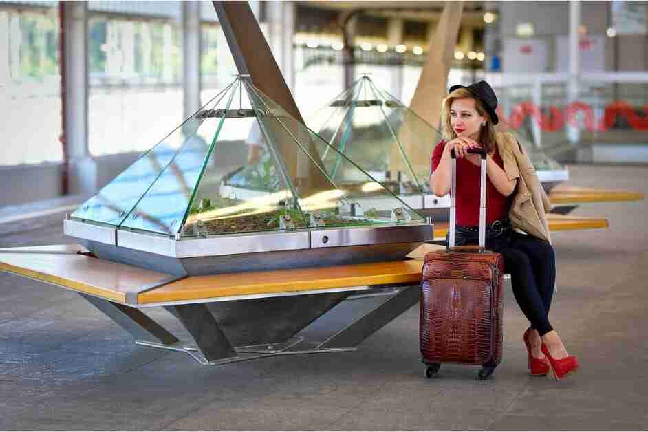 Emotional Baggage-a woman sitting on a bench with a suitcase