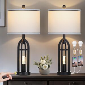 27″ Black Table Lamp for Living Room, Lamps Set of 2 with USB & AC Outlet, 3-Way Dimmable Farmhouse Lamps for Night