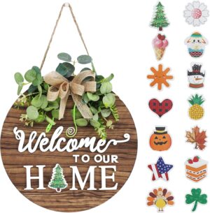 Interchangeable Seasonal Welcome Sign Front Door Decoration, Rustic Round Wood