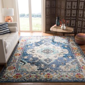 SAFAVIEH Monaco Collection Area Rug – 6’7″ x 9’2″, Navy & Light Blue, Boho Chic Medallion Distressed Desig