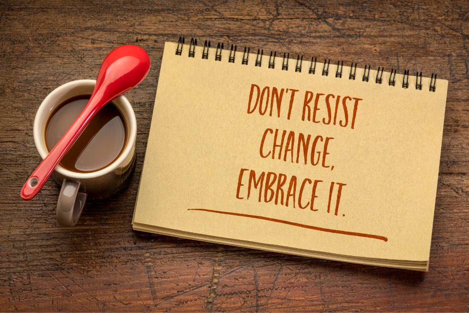 Embrace Change-a notebook with a spoon and a cup of coffee