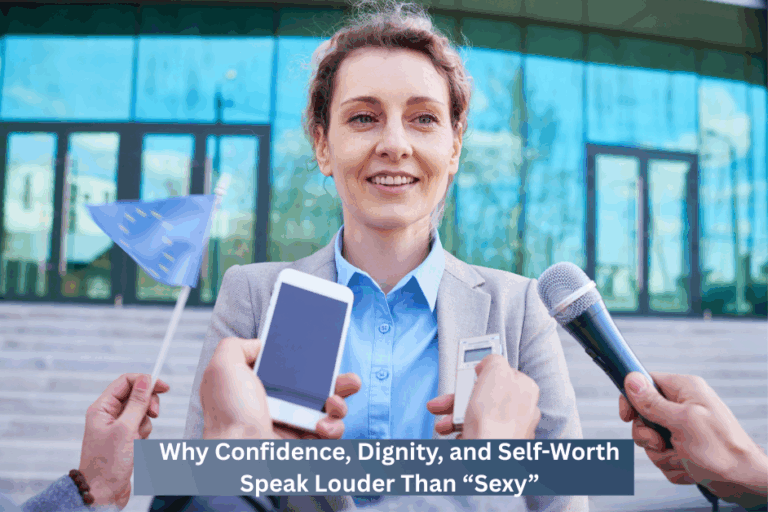 Why Confidence, Dignity, and Self-Worth Speak Louder Than “Sexy” Woman standing smiling behind microphones